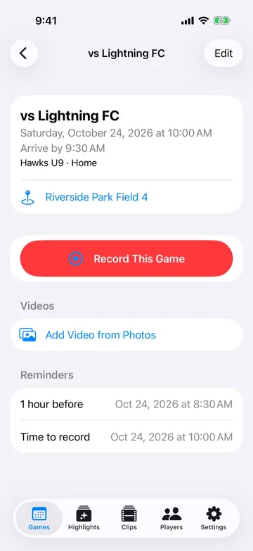 A game's page in KudosReel with the arrival time, the field, a Record This Game button and two scheduled reminders