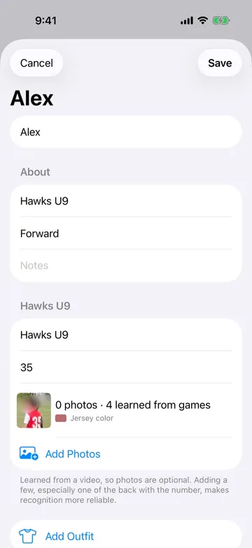 A player's profile in KudosReel with their name, team, jersey number and picture