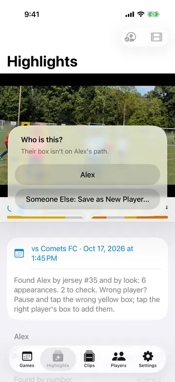KudosReel asking “Who is this?” after a tap on another player's box, with Save as New Player